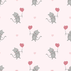 Cute cartoon cats with pink balloon heart shape