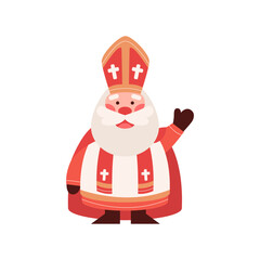 Cute Saint Nicholas or Sinterklaas waving by hand. Happy St Nicholas Day. Old man bishop character. Winter Christian holiday. Mascot cartoon vector illustration.