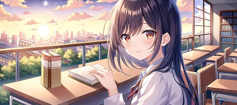 Art for anime series. Girl. Sunset. Cloud. Launch. AI generated art illustration.
