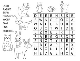 Coloring page with word search. Forest animals. Cute cartoon characters. Educational game for kids. Printable crossword. Learn English. Vector illustration.