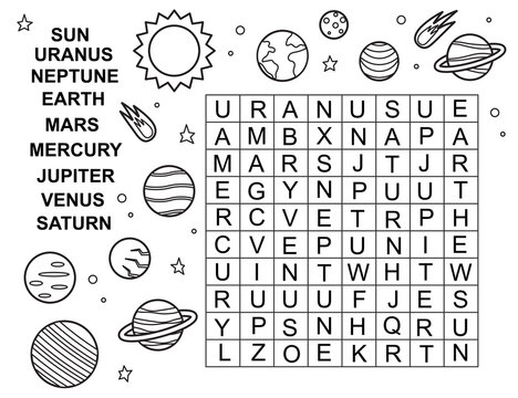Space word search. Find words in a table. Educational crossword game. Printable activity worksheet. Coloring page. Solar system. Learning planets. Vector illustration.