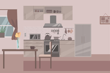 Kitchen with furniture, window and table. Flat style vector illustration