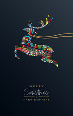 Christmas greeting card - original colourful reindeer ornament on dark background - Merry Christmas and happy new year - obrazy, fototapety, plakaty