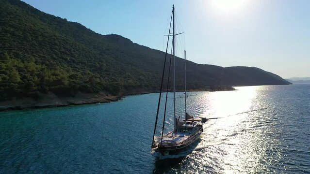Aerial view of Sailing Gulet. A gulet is a wooden classic yacht built usually in Bodrum or Marmaris from the southwestern coast of Turkey. 