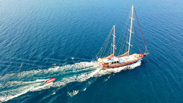 Aerial view of Sailing Gulet. A gulet is a wooden classic yacht built usually in Bodrum or Marmaris from the southwestern coast of Turkey. 