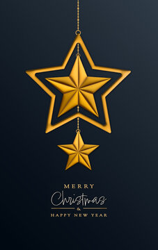 Christmas greeting card - golden star 3D ornaments on dark background - Merry Christmas and happy new year