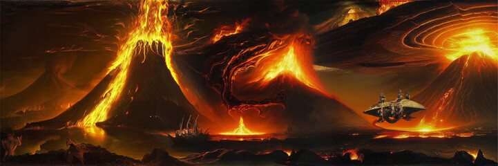 fire in the fireplace, landscape volcano scenes, world of flame, hell planet, inferno red fire