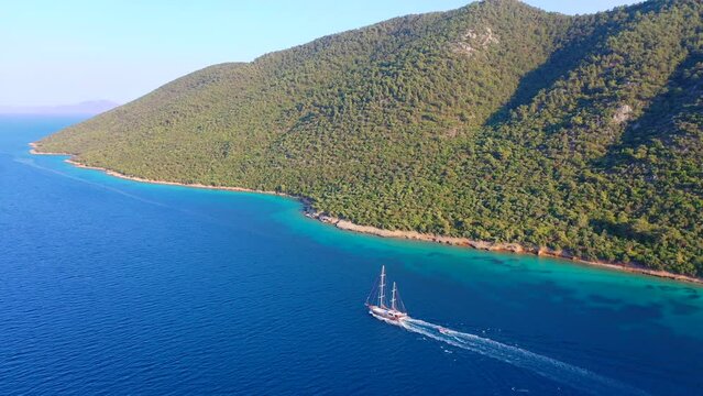 Aerial view of Sailing Gulet. A gulet is a wooden classic yacht built usually in Bodrum or Marmaris from the southwestern coast of Turkey. 