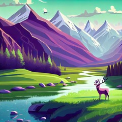 Fototapeta premium Beautiful green scenery with purple mountains, river,deer