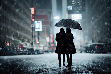 Couple with an umbrella walking the city streets at night in the snow. Illustration.