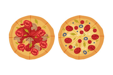Appetizing Italian Pizza as Round Hot Dough Topped with Tomato and Mushroom Above View Vector Set