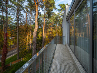 Empty balcony of luxury private house in cottage village. Huge pine trees.