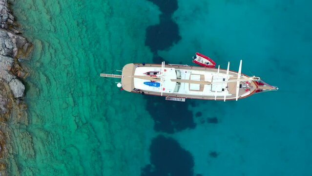 Aerial view of Sailing Gulet. A gulet is a wooden classic yacht built usually in Bodrum or Marmaris from the southwestern coast of Turkey. 