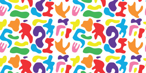 Abstract Shapes textures in blue, red, yellow, orange, purple, pink and green colors. Colorful seamless pattern on white background. Fun and eye-catching birthday art, called joy