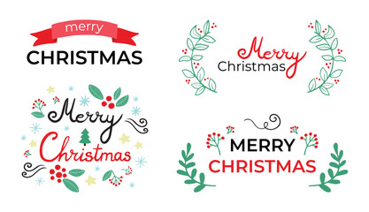 Merry Christmas. Happy New Year. Typography set. Vector logo, emblems, text design. Usable for banners, greeting cards, gifts etc