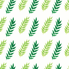 Dark green and light green plants on white background. Aligned colorful seamless pattern. Natural, ecological and tropical.