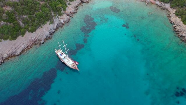 Aerial view of Sailing Gulet. A gulet is a wooden classic yacht built usually in Bodrum or Marmaris from the southwestern coast of Turkey. 