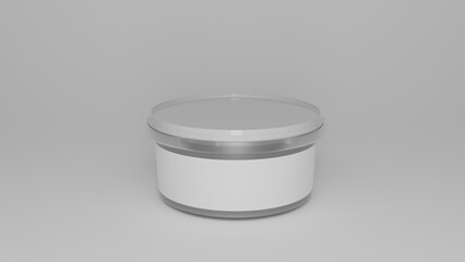 Transparent plastic bucket with white cap for food, products isolated on white background. 3D render