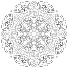 Colouring page, hand drawn, vector. Mandala 123, ethnic, swirl pattern, object isolated on white background.