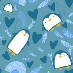 Winter animals seamless penguin cartoon kawaii Christmas fish pattern for wrapping paper and kids clothes print © Tetiana