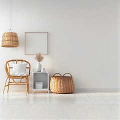 Wall mock up in white simple interior with wooden furniture, carpet and rattan basket. Scandinavian style, 3d render, 3D illustration