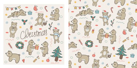Vector set of hand drawn isolated doodle objects and seamless pattern with cute christmas bears. Includes colorful cartoon bears and Christmas decorations. children's pattern.