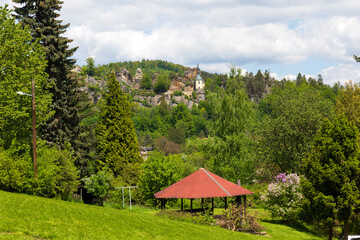 Beautiful sandstone Rocks in Czech Paradise, clear green Nature, Mala Skala, Little Rock, Czech Republic