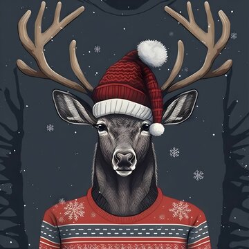 Digital illustration of a cute cartoon reindeer in a Christmas