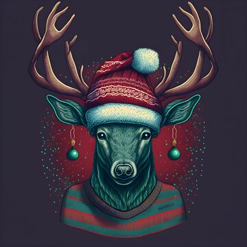 Digital illustration of a cute cartoon reindeer in a Christmas sweater and Santa Claus hat