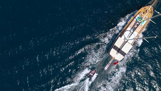 Aerial view of Sailing Gulet. A gulet is a wooden classic yacht built usually in Bodrum or Marmaris from the southwestern coast of Turkey. 