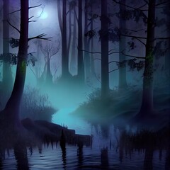 Foggy dark forest. Night view, fog, smog. Wild forest nature, forest landscape, moonlight reflection in water, landscape. Abstract fantasy forest with a river. 3D illustration