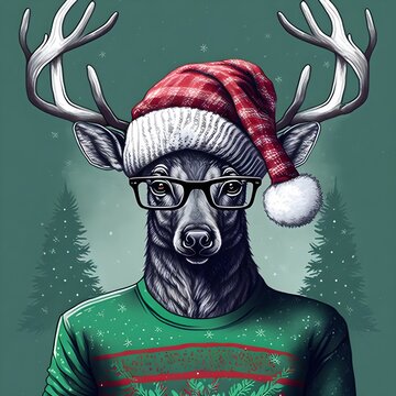 Digital illustration of a cute cartoon reindeer in a Christmas sweater and Santa Claus hat