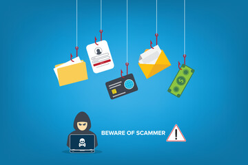 Beware of scammer. Hacker with laptop computer stealing confidential data, personal information and credit card detail. Hacking concept.