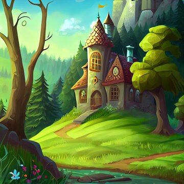 Cartoon nature scene with old house in the forest and castle in he background illustration for the children