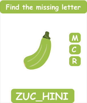 Find the missing letter. Hand drawn zucchini. Learning english words for kids