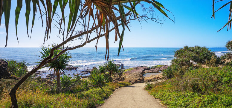 Coastal scenic view from the pathway leading down to the beach at Point Arkwright, Coolum, Sunshine Coast, Queensland, a very popular tourist or holiday destination.