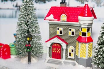 Christmas village house and toy store with forest