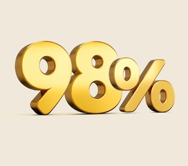 3d illustration of golden number 98 percent isolated on beige background with shadow