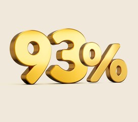 3d illustration of golden number 93 percent isolated on beige background with shadow - obrazy, fototapety, plakaty