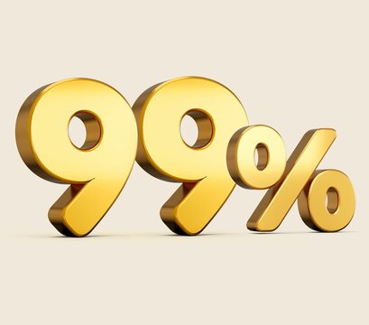 3d illustration of golden number 99 percent isolated on beige background with shadow