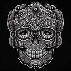 black and white illustration of the skull, a symbol of the traditional Mexican holiday Day of the dead and the Day of angels