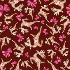 Pattern of Christmas reindeer, bows.New Year.For fabrics, for printing brochures, posters, parties, vintage textile design, postcards, packaging.