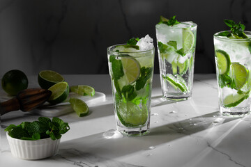Mojito cocktails on white marble table