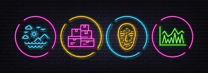 Sea mountains, Wholesale goods and Face biometrics minimal line icons. Neon laser 3d lights. Investment icons. For web, application, printing. Vector