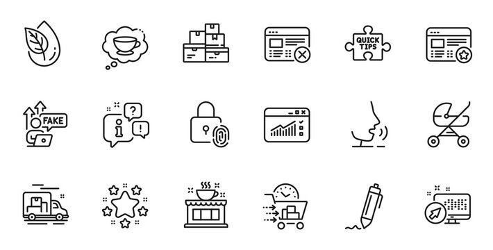 Outline set of Reject web, Web traffic and Coffee shop line icons for web application. Talk, information, delivery truck outline icon. Include Favorite, Baby carriage, Wholesale goods icons. Vector