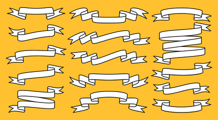 Vintage ribbon set. Scrapbook black line text frame design graphic elements. Antique title template shape blank sticker. Retro paper wave tape web banner. Victorian style scroll flag label vignette