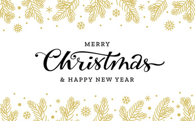 Merry Christmas and Happy New Year hand drawn brush lettering. Winter holiday greeting card typography template. Xmas background with ink pen script calligraphy, golden snowflakes, pine fir branches