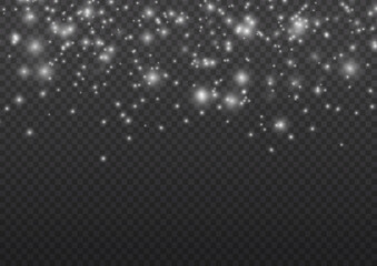 Blur white sparks and glitter special light effect. Fine, shiny bokeh dust particles fall off slightly. Defocused silver sparkle, stars and blurry spots. Magical flickering lights. Vector illustration