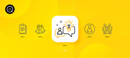Fototapeta na wymiar Clipboard, Idea and Employees teamwork minimal line icons. Yellow abstract background. Avatar, Puzzle icons. For web, application, printing. Survey document, Solution, Collaboration. Vector
