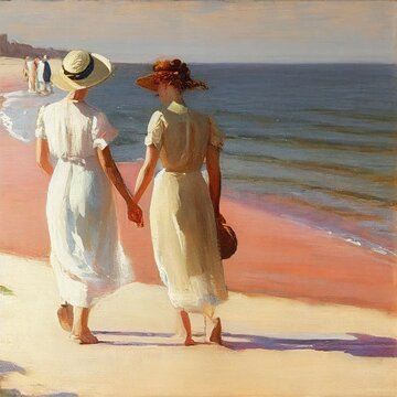 woman walking the beach, vintage, classic hats dress era early 1900s oil paint.  Digital, illustration, Painting, Artwork, Scenery, Backgrounds